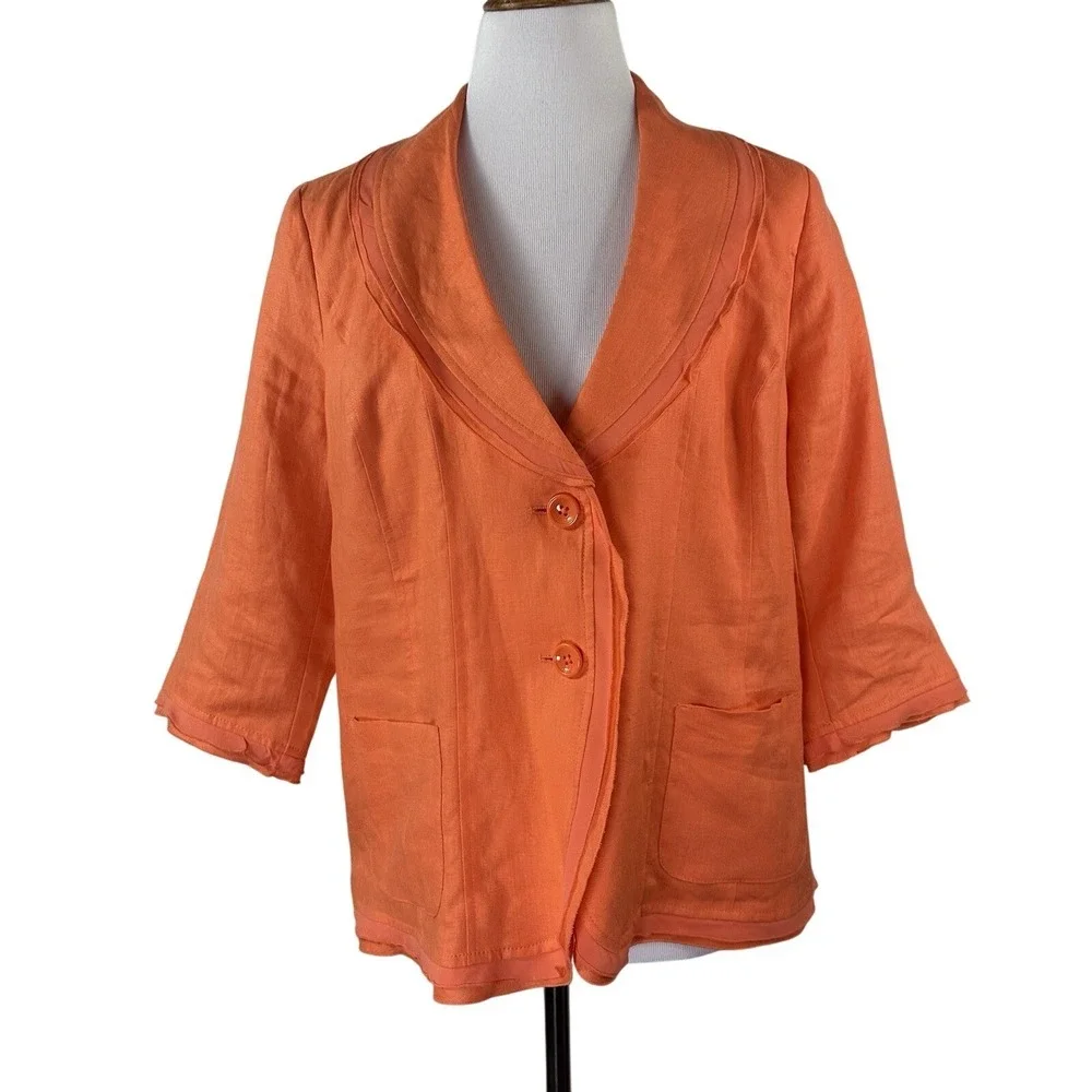 Kim‎ Rogers Petite Orange 100% Linen 3/4 Sleeve Blazer Jacket Womens PL